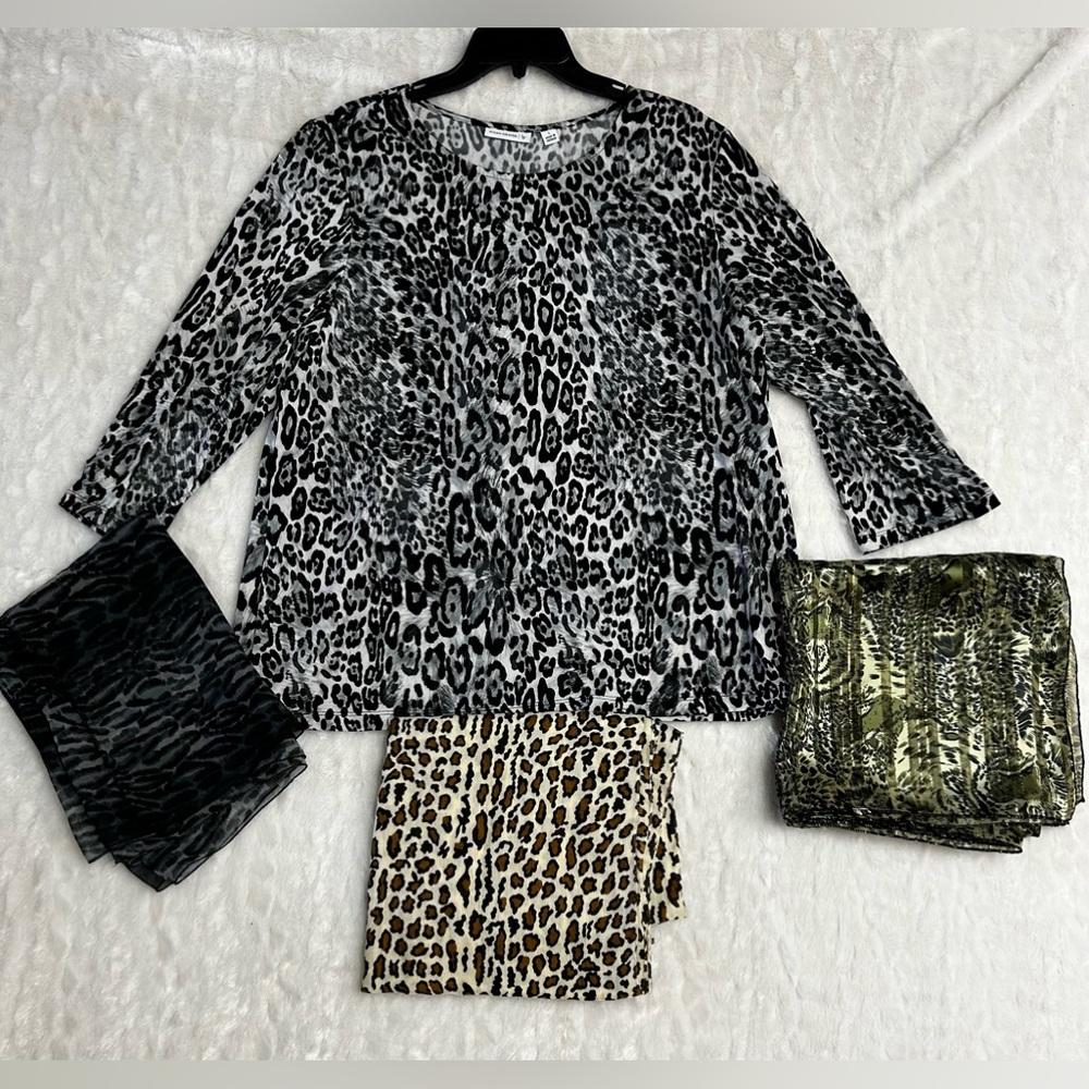 WOMENS LEOPARD PRINT 3 SCARVES PLUS LARGE SUSAN GRAVER BLOUSE MIXED BUNDLE